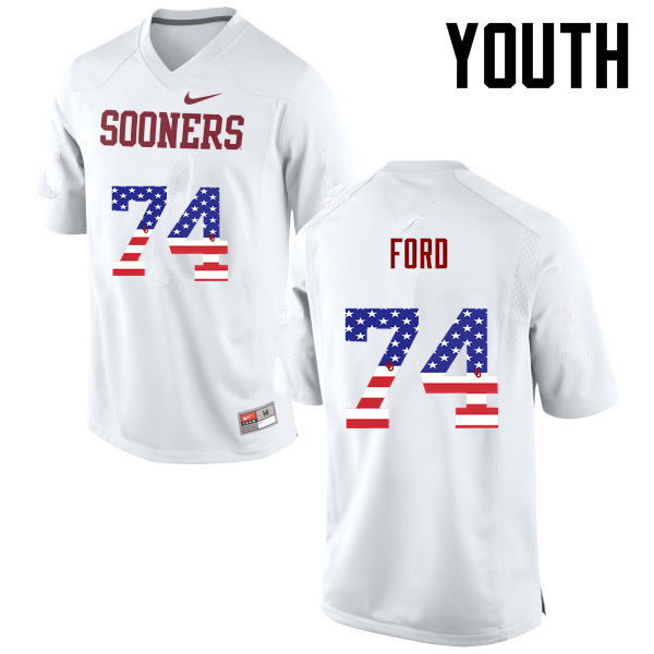 Youth Oklahoma Sooners #74 Cody Ford College Football USA Flag Fashion Jerseys-White - Click Image to Close